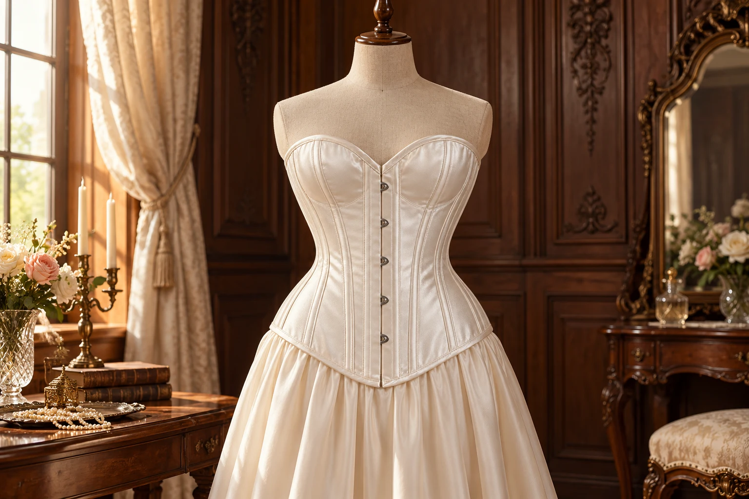 Emmeline pearl-white satin overbust displayed on a tailoring dress form in a Victorian-inspired interior